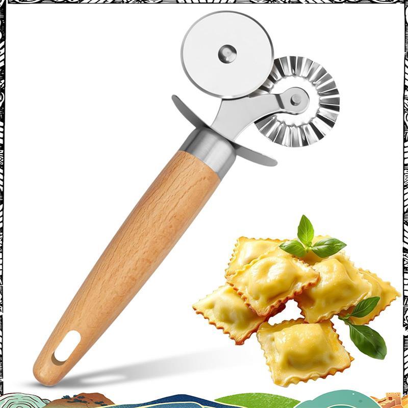 Super Ravioli เครื่องตัดเครื่องมือด้ามไม้-สําหรับเครื่องตัดพาสต้าล้อ-Fluted Pastry Cutter ล้อคู่สําห