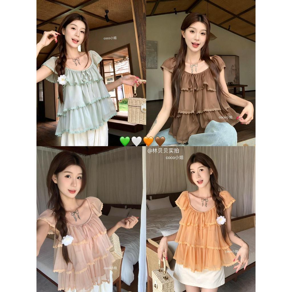 เสื้อชีฟองทรงสวยหวาน แขนระบาย ตกแต่งด้วยสีพื้นและขอบลูกไม้ เหมาะสำหรับฤดูร้อน เสื้อทรงหลวมสไตล์เกาหลีสุดชิค-W769