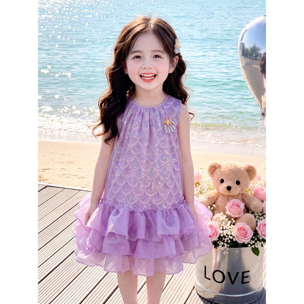 สาวสีม่วง Mermaid Scale เลื่อมแขนกุดชุด,เด็กปลาดาว Shell Applique Ruffle Hem ฤดูร้อน Beach Tutu Sund