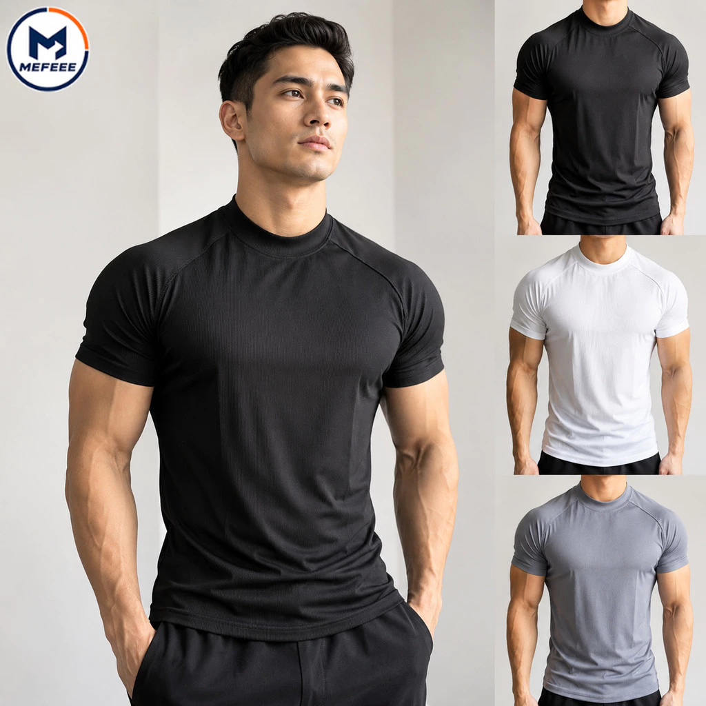 MEFEEE Dry Fit T เสื้อผู้ชายแห้งเร็ว Breathable Gym Tee ยืดสูง Mock คอกีฬาฤดูร้อนกลางแจ้งการฝึกอบรมสวมใส่