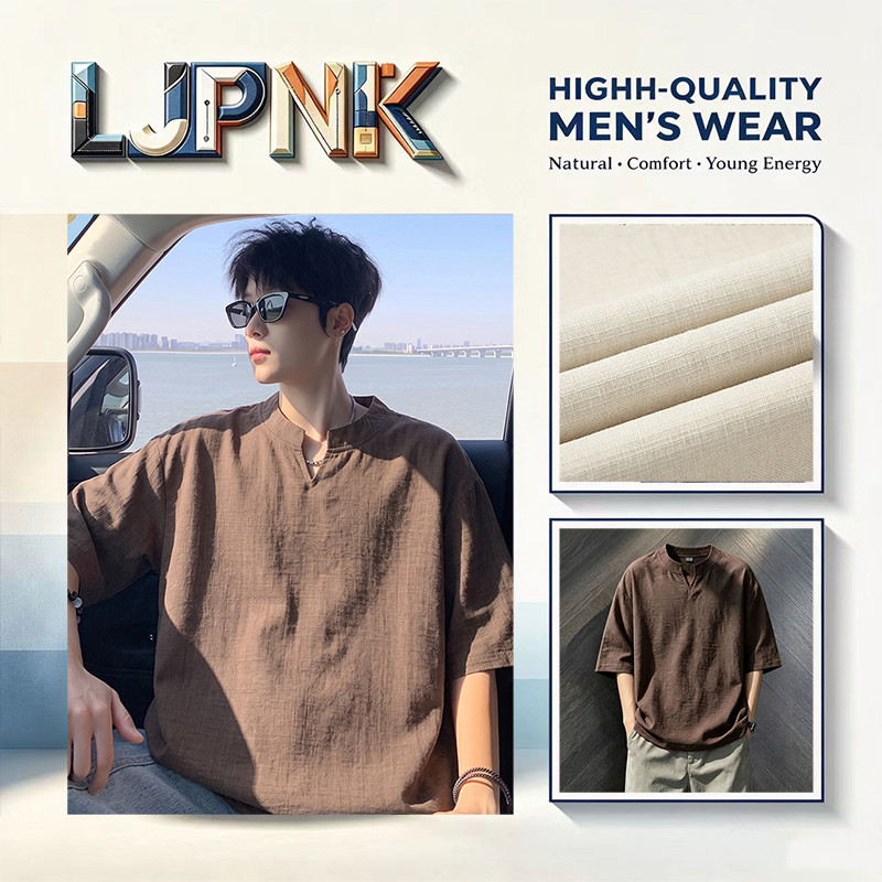 LJPNK Men V Neck T เสื้อน้ําหนักเบา Breathable Quick Dry Linen ดูแขนสั้นเงินเก่าฤดูร้อน Top