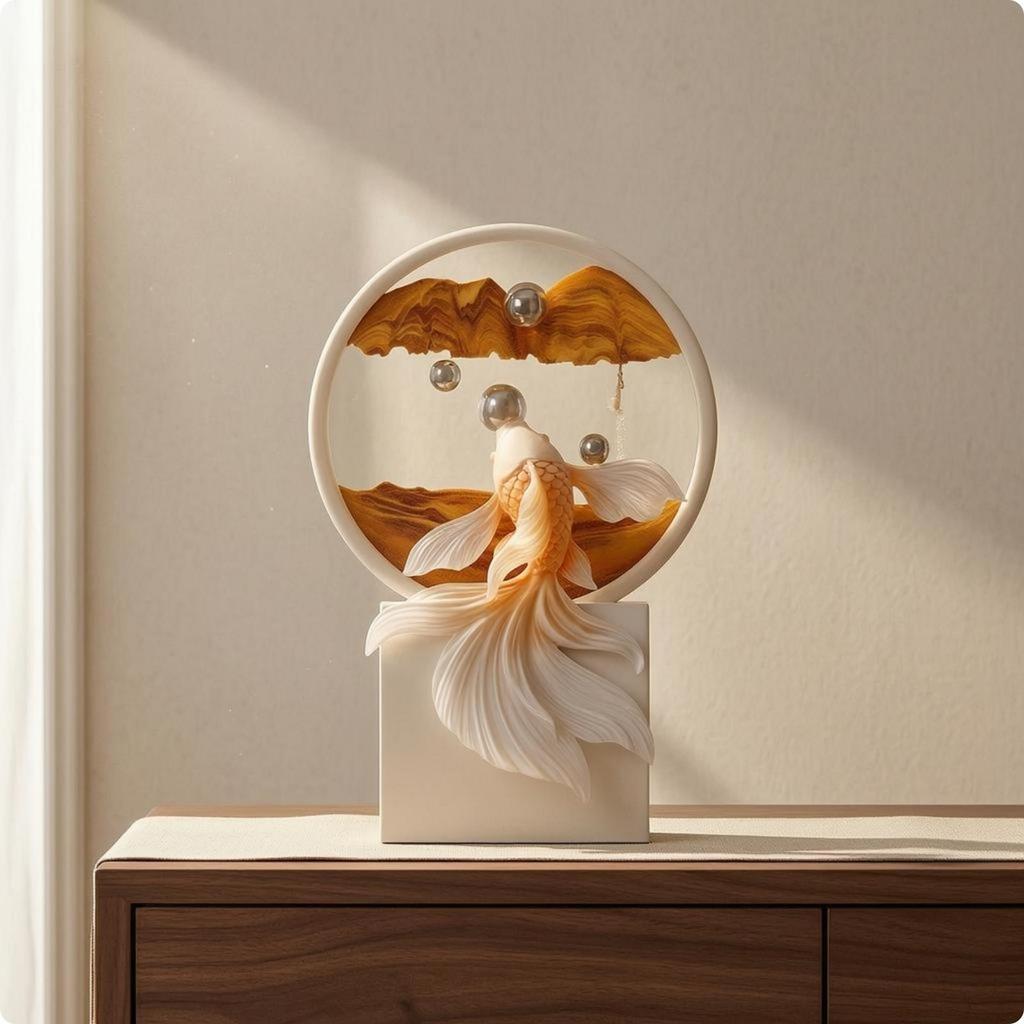 [beqowt] fishes Sand Art Round Frame Tabletop Sand Art Decor M Golden Mountain