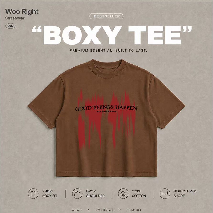 COD Woo Right Boxy Cropped T เสื้อยืดน้ำตาล อกพิมพ์ GOOD THINGS HAPPEN และ ADCOUTBREAK เรียบ ลำลอง