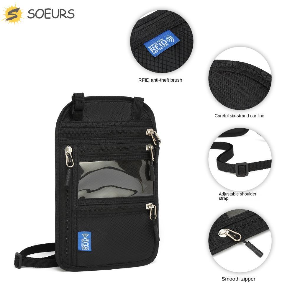 SOEURS กระเป๋าสตางค์คอ, Multi-Pockets RFID Blocking RFID Passport Bag, Classic พร้อมสายคล้องคอปรับได