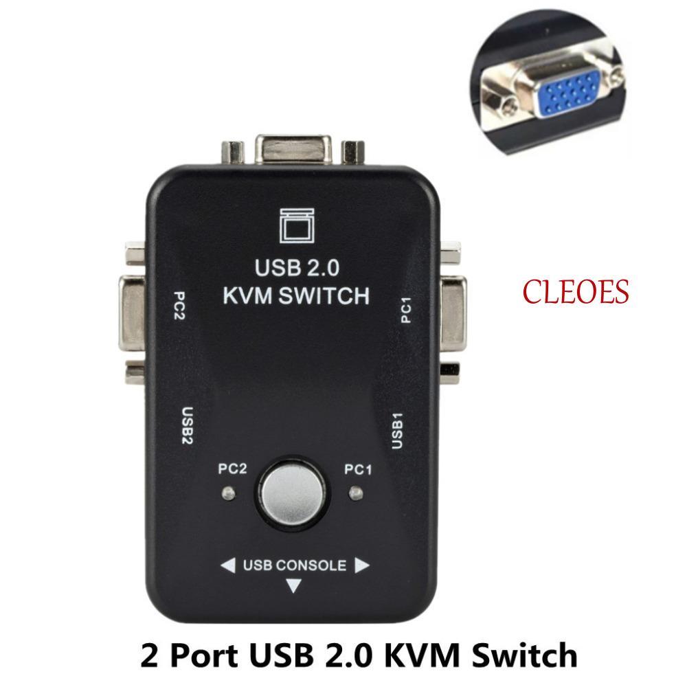 CLEOES สวิตช์ VGA KVM 2 in 1 Out Switcher USB 2.0 KVM Switch Splitter, สวิตช์ปุ่มคู่มือ สะดวก VGA KV