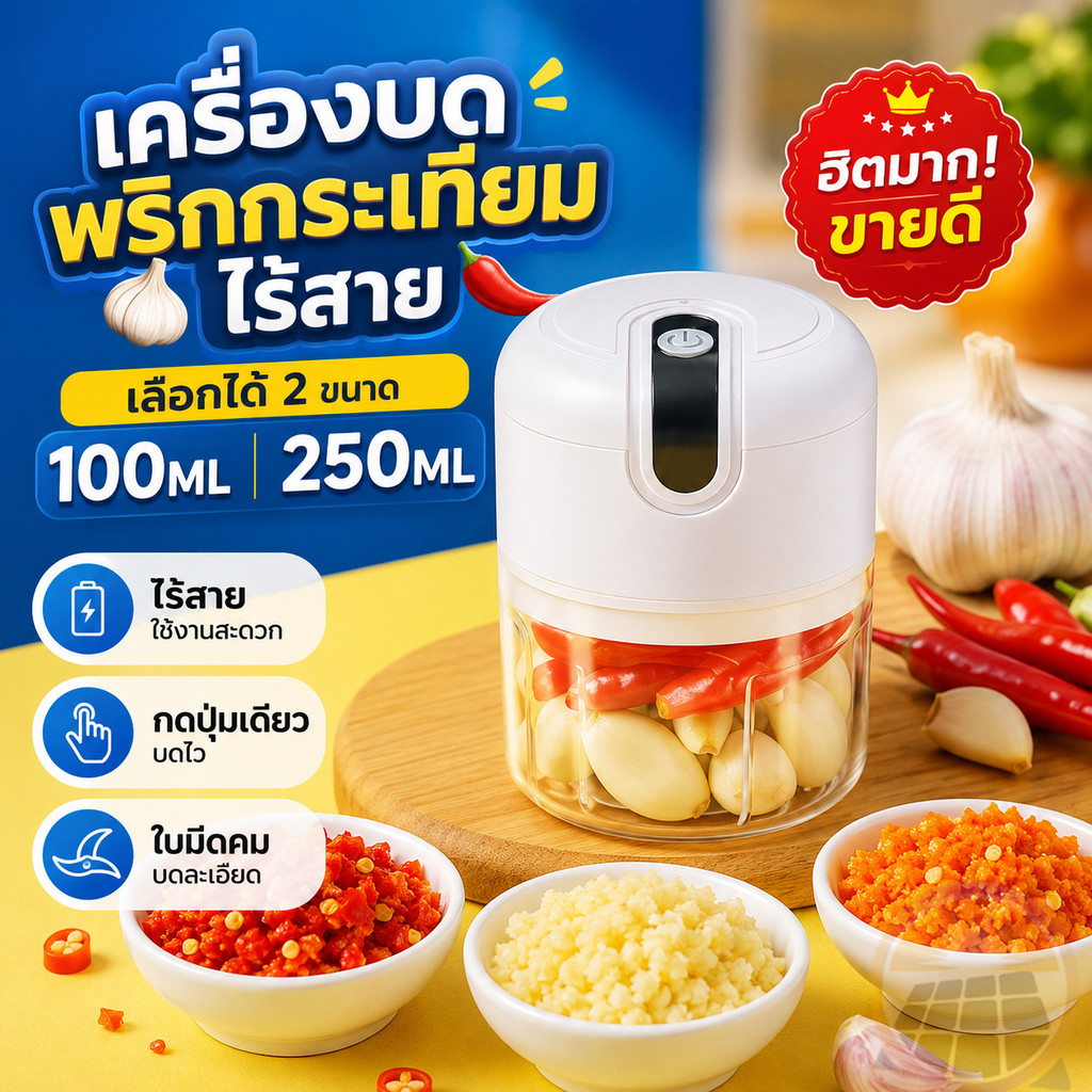 ถูกที่สุด เครื่องปั่นกระเทียม 150/250ML ไร้สาย พริก USB ปั่นละเอียดบดเนื้อ บดกระเทียมไฟฟ้า