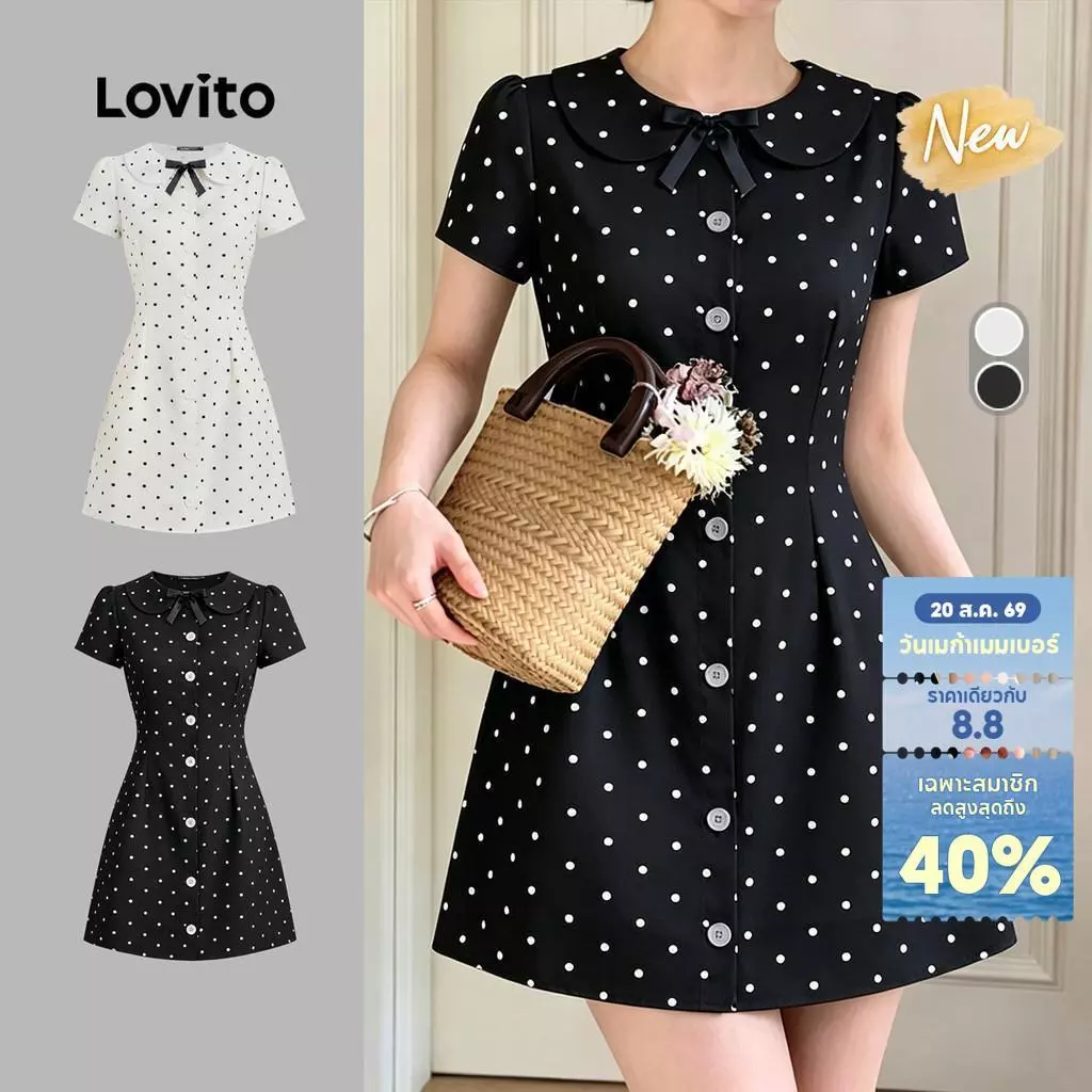 (New Arrival) Lovito เดรสลําลองผู้หญิงสีขาวงาช้าง ลายโบว์ สําหรับฤดูใบไม้ผลิ/ฤดูร้อน สีดำ เกาหลี อินเทรนด์ L200AD262