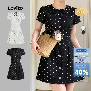 (New Arrival) Lovito เดรสลําลองผู้หญิงสีขาวงาช้าง ลายโบว์ สําหรับฤดูใบไม้ผลิ/ฤดูร้อน สีดำ เกาหลี อินเทรนด์ L200AD262