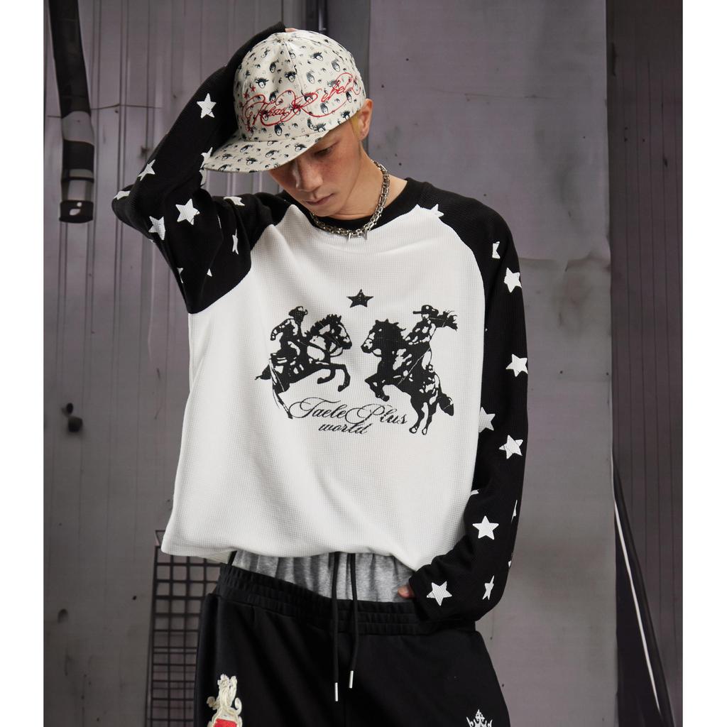 SUIKONE ซุยโคเนะ เสื้อยืดผู้ชายแขนยาวแบรนด์แฟชั่นอเมริกัน วาฟเฟิลสีตัดกันสไตล์เป็นกลาง — صورة 6