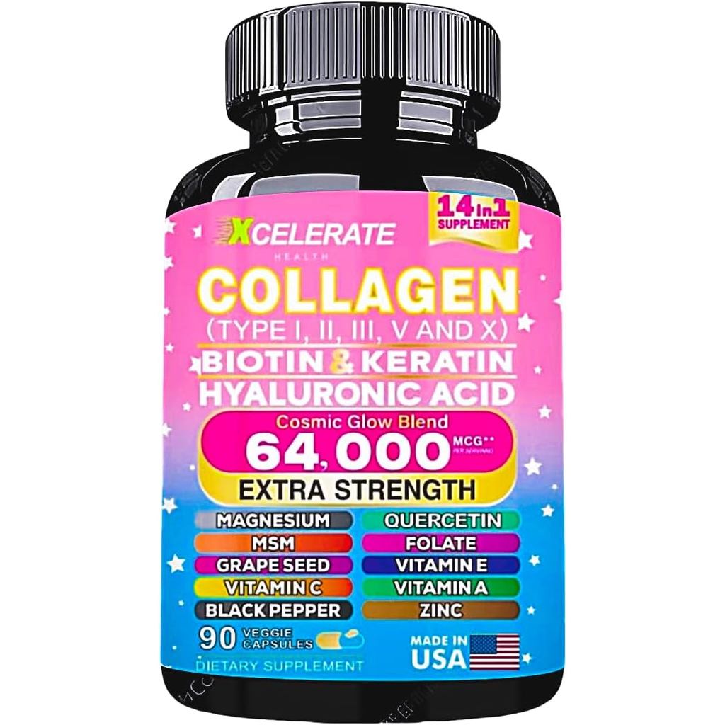 อาหารเสริมคอลลาเจน 14 In 1 - ชนิดเปปไทด์ l II III V X Biotin Keratin Hyaluronic Acid Folate Zinc Que