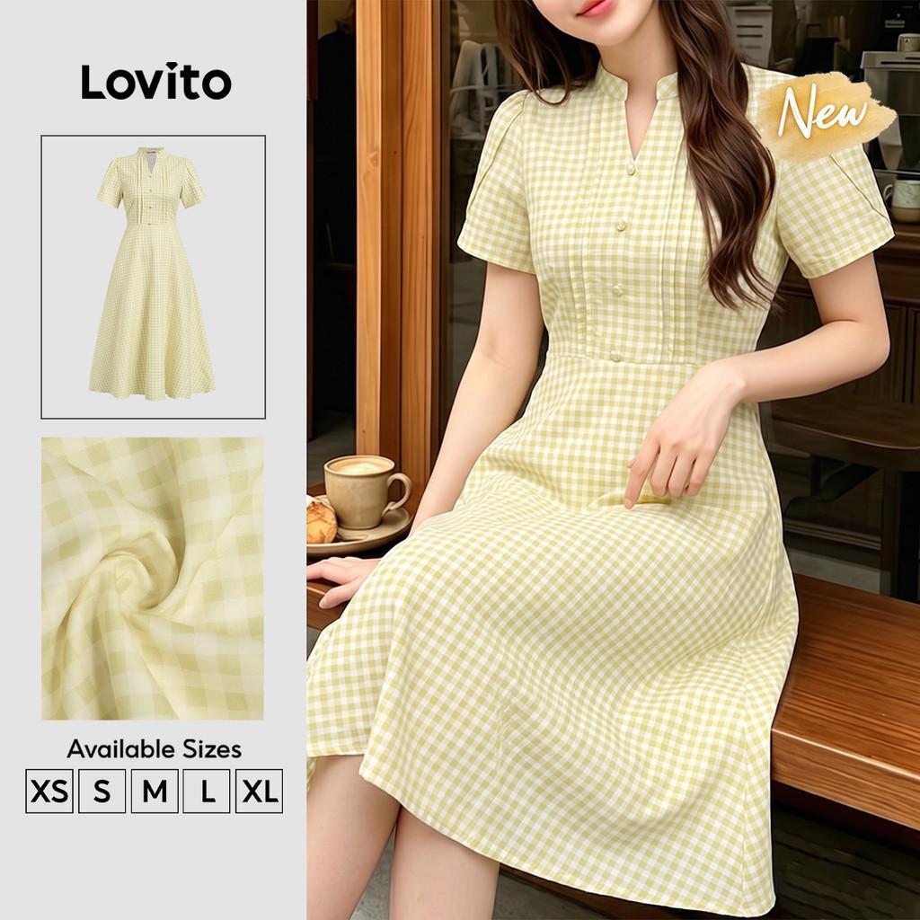 (New Arrival) Lovito ชุดกระโปรงผู้หญิงสีเหลืองลายแพทเทิร์นปุ่ม Pintucks สไตล์สง่างาม เหมาะสําหรับฤดูใบไม้ผลิและฤดูร้อน DRB203TD206
