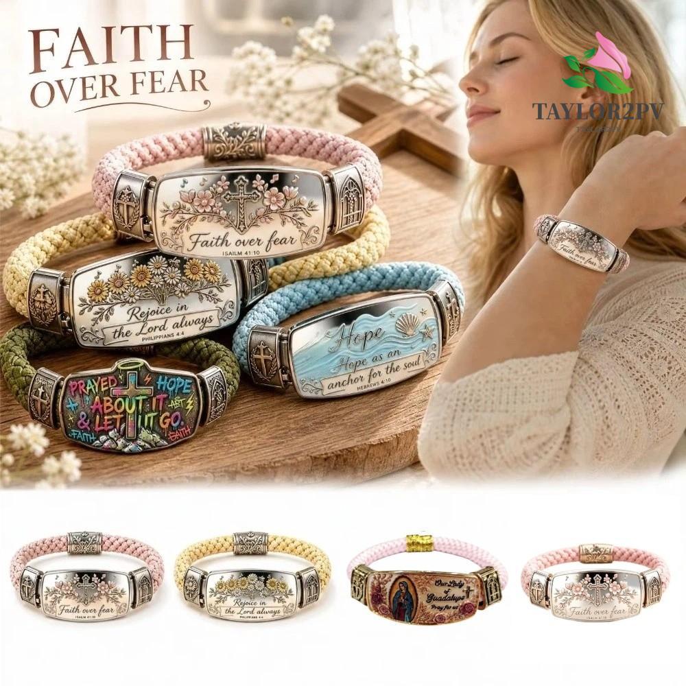 TAYLOR2PV Faith Over Fear Bracelet, Faith Over Fear Retro Style Cross Faith Bracelet, Stainless Stee