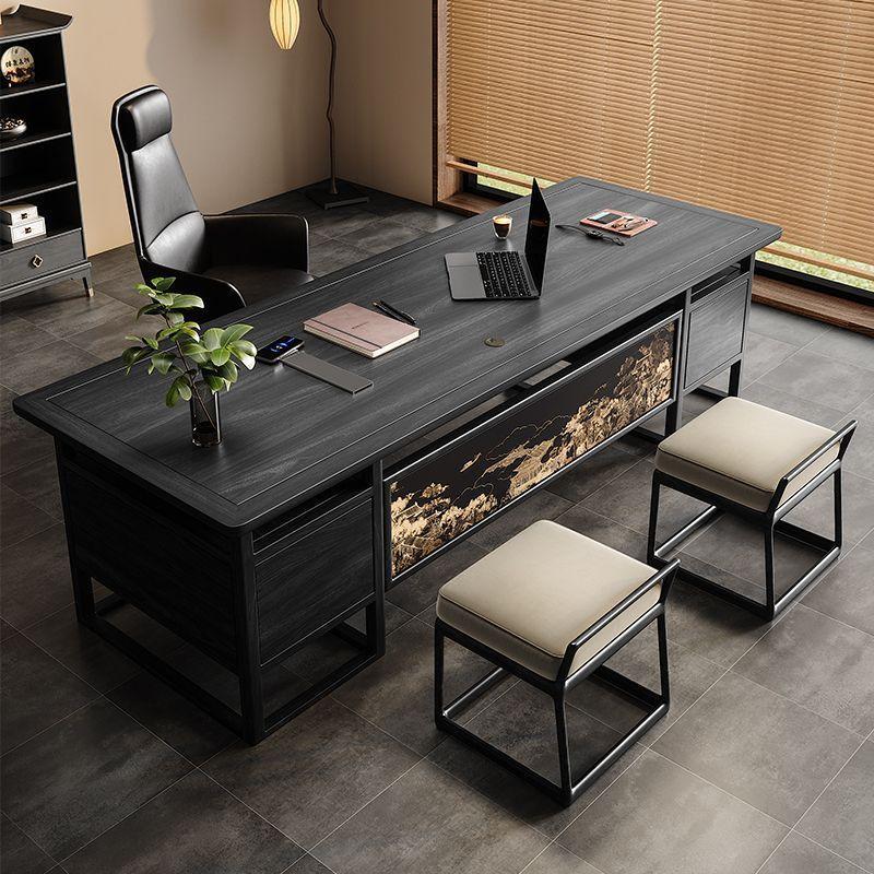 Solid wood executive desk with mural panel, elegant office desk