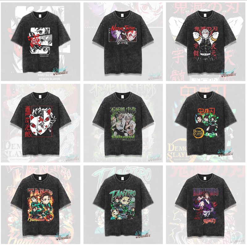 Demon Slayer Demon Slayer Tanjirou ผ้าฝ้ายแท้ล้าง Distressed หลวมแขนสั้นพิมพ์เสื้อยืดเสื้อยืด