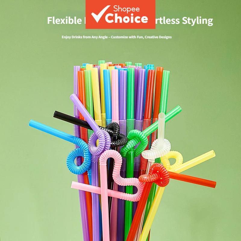 Winner Bent Straws 100 ชิ้น | 6มม. x 26ซม | ฟิล์ม-ห่อ | หลอดดื่มพลาสติกสําหรับชากาแฟ | หลากสี