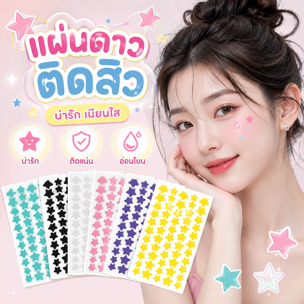 [พร้อมส่ง] แผ่นแปะสิวรูปดาว แผ่นดูดสิวหลากสี แผ่นแปะสิวเกาหลี สติกเกอร์แปะสิว Y2K สิวยุบเร็ว แต่งหน้าทับได้ สไตล์เกาหลี