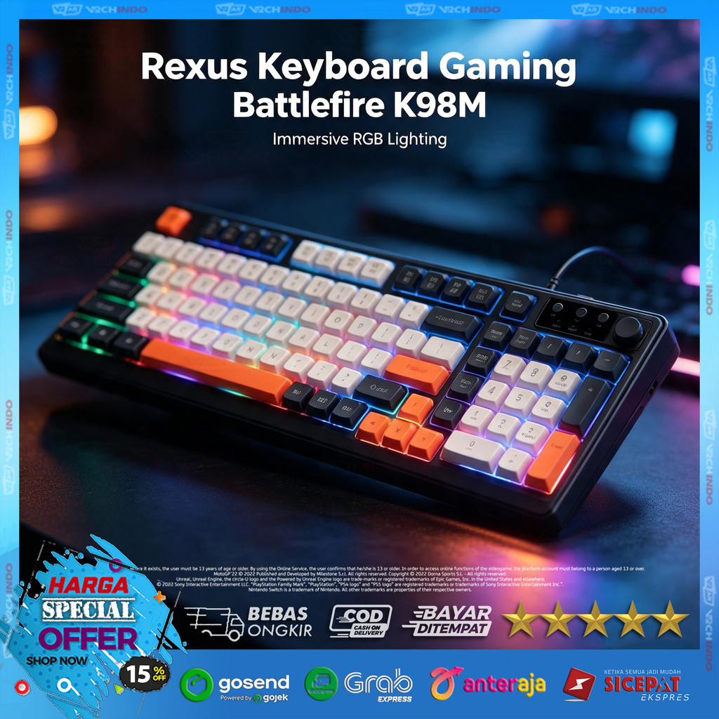 คีย์บอร์ดเกมมิ่ง / คีย์บอร์ด RGB / Membrane Rexus K98M 98-Key USB PC Rounded Keycaps