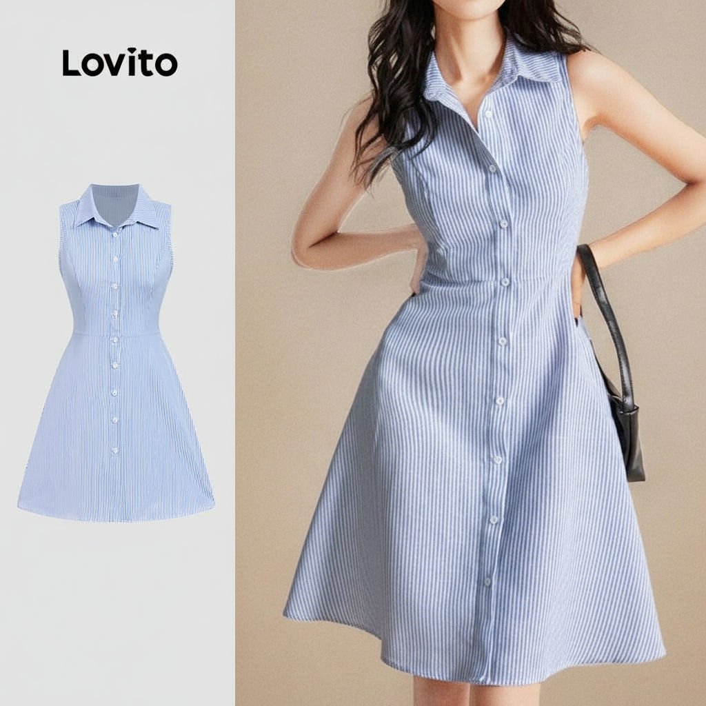 Lovito สง่างาม ชุดเดรสหรูหรา กระดุมหน้า สีฟ้าอ่อน สําหรับเดินทาง ฤดูร้อน L158ED974