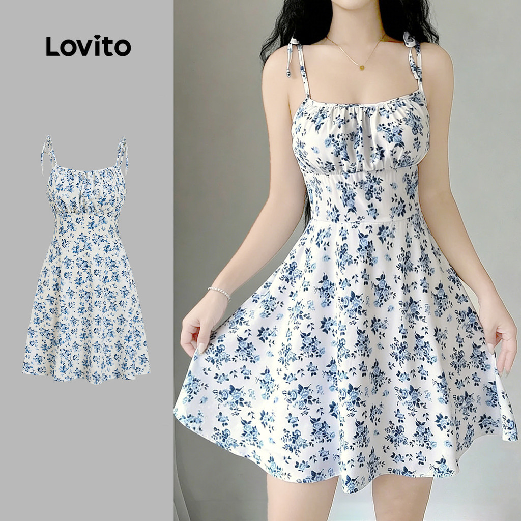 Lovito ชุดเดรสลําลองสีฟ้าขาวสําหรับฤดูร้อน แบบรีสอร์ท เกาหลี อินเทรนด์ L183AD363