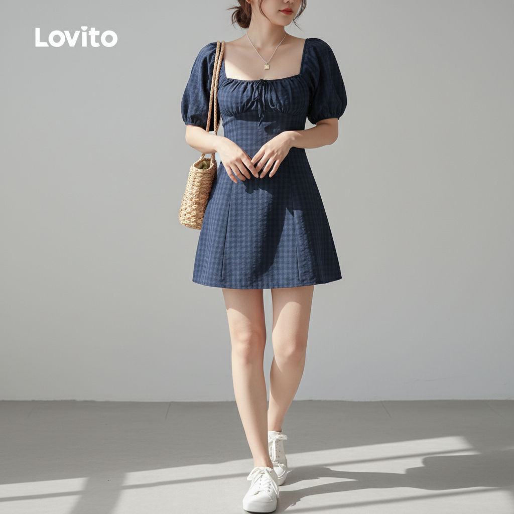 Lovito แคชชวล ชุดเดรสสีฟ้าสําหรับผู้หญิง สไตล์ฤดูใบไม้ผลิ/ฤดูร้อน L164ED070
