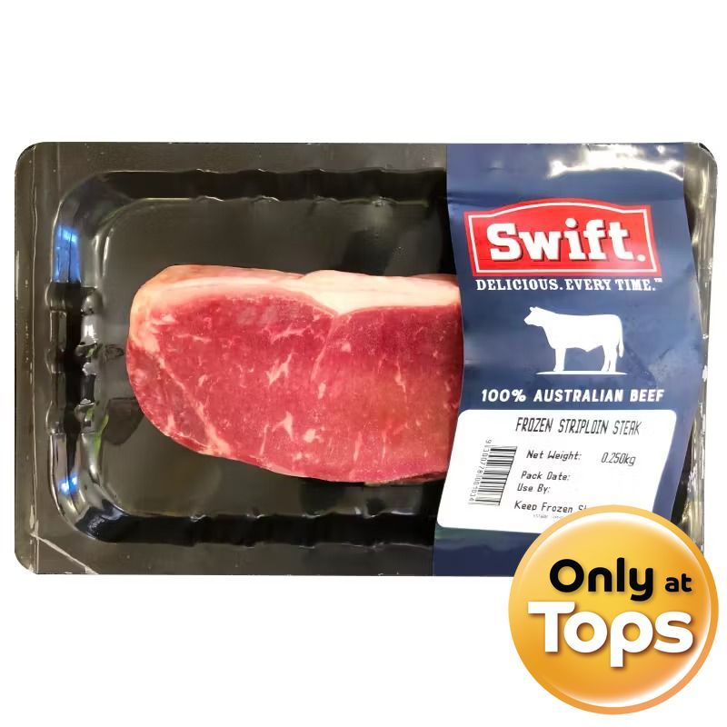 สวิฟท์เนื้อสันนอกออสเตรเลียแช่แข็ง 250ก Swift Frozen Australian Striploin Steak 250g [หมายเลขบาร์โค้ด 9300778001034 ]