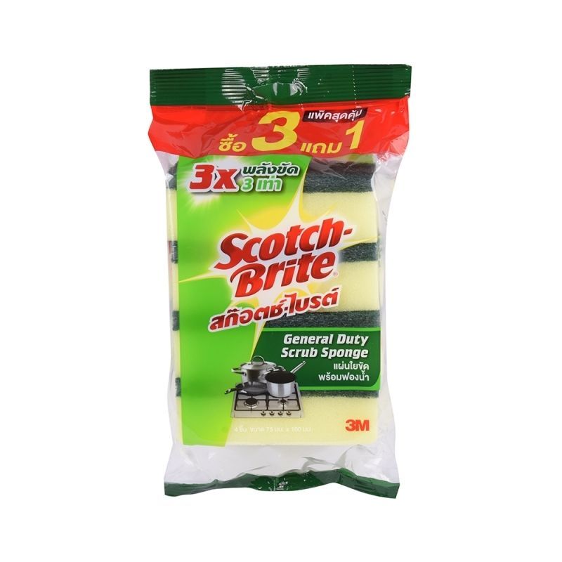 3เอ็มแผ่นใยขัดพร้อมฟองน้ำแพคสุดคุ้ม 3แถม1 3M Gerneral Duty Scrub Sponge Special Pack 3Get1 [8859272201477 ]
