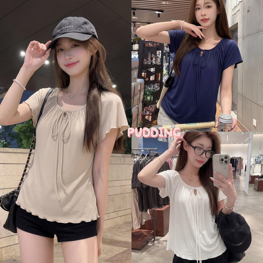 PUDDING💗พร้อมส่ง💗เสื้อแขนสั้นคอผูก สไตล์เกาหลีชิค จีบรอบคอ ทรงหลวมตัดสวย ใส่สบาย-FYP168