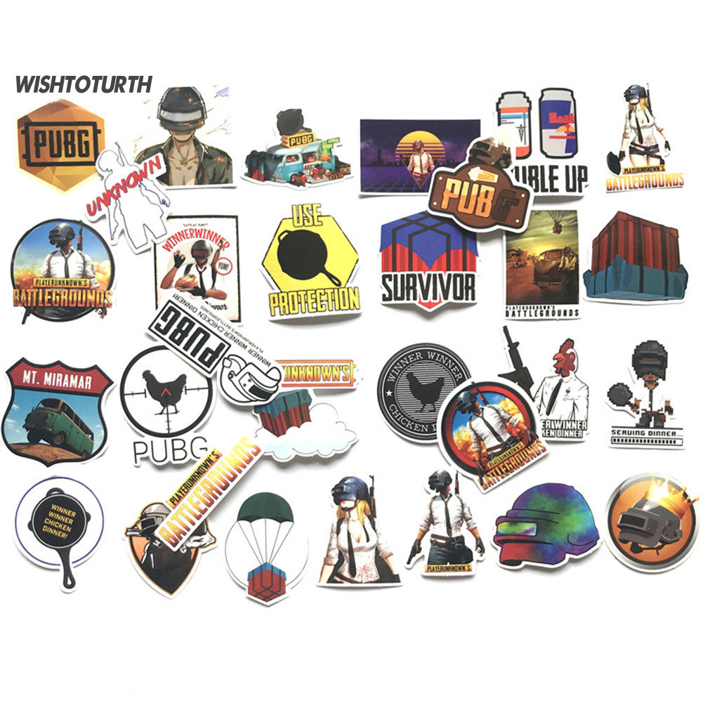 ☼WT 29 ชิ้น PUBG Battlegrounds PVC กระเป๋ากันน้ําสเก็ตบอร์ดรถ Graffiti สติกเกอร์