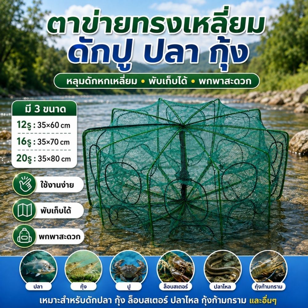 ตาข่ายดักปลาแบบพับได้ 12/16/20รู ตาข่ายดักกุ้ง ปลา ปู มีซิปรูดเปิด-ปิด กางออกและพับเก็บได้ ใช้ง่ายพกพาสะดวก G0203