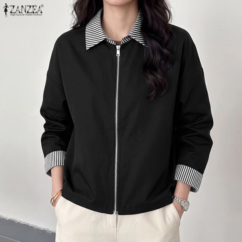 ZANZEA เสื้อแจ็คเก็ตผ้าปะต่อแขนยาวลายทางแฟชั่นเกาหลีสําหรับผู้หญิง — صورة 6