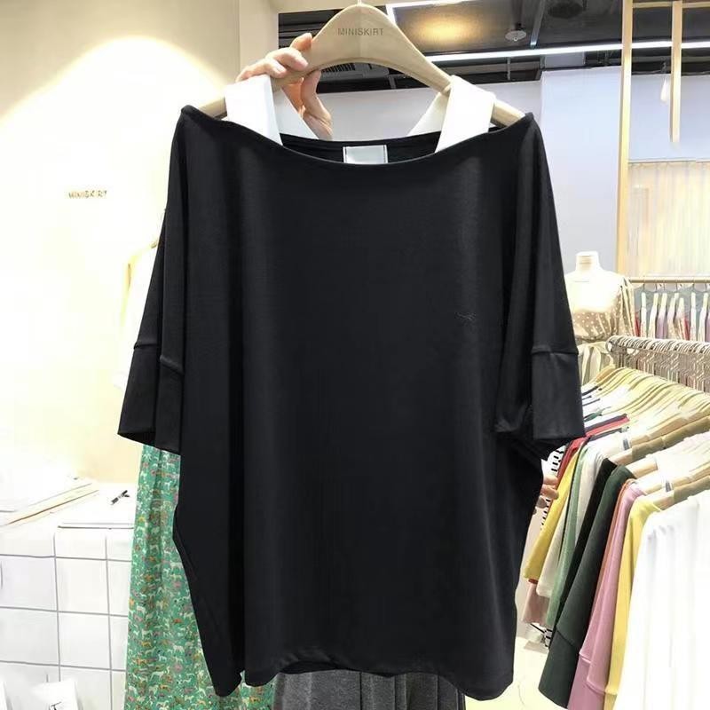 [ks1548.th] Extra Fat Plus Size Catty Leaky Shoulder เสื้อยืดผู้หญิงไขมันมม.ของแท้ไหล่ขนาดใหญ่หลวมไห