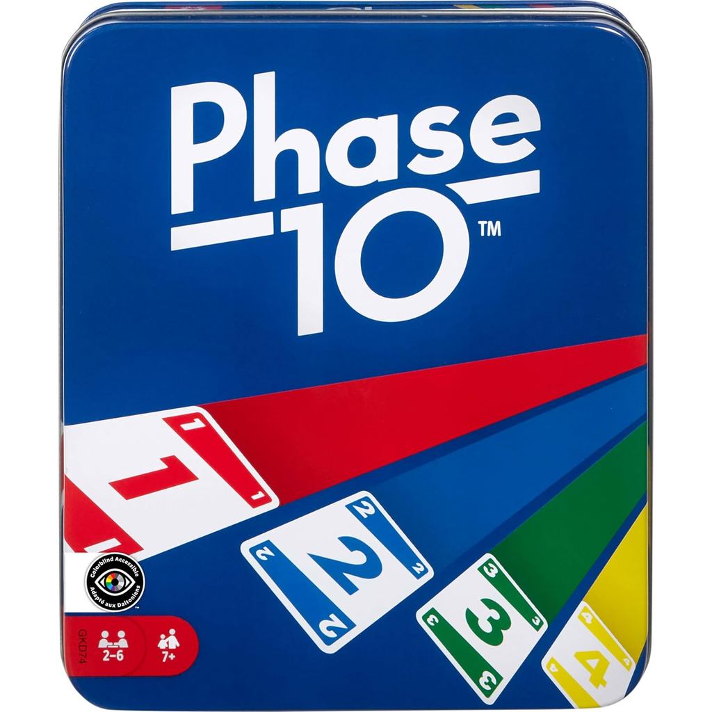 Mattel Games เกมไพ่ Phase 10 ในดีบุกจัดเก็บสําหรับเด็กอายุ 7+