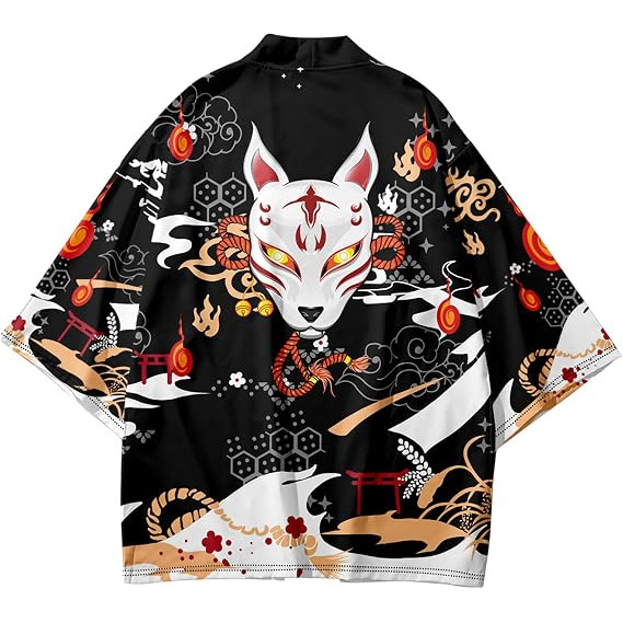 Japanese Kitsune Fox-Mask Haori Kimono Open-Front Cardigan, Casual Street-Style Outerwear