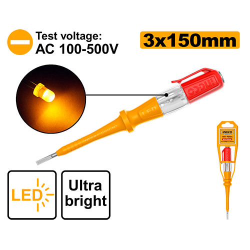INGCO ไขควงลองไฟ LED ปากแบน ขนาด 3x150 มม. รุ่น HSDT1518 (100-500V)