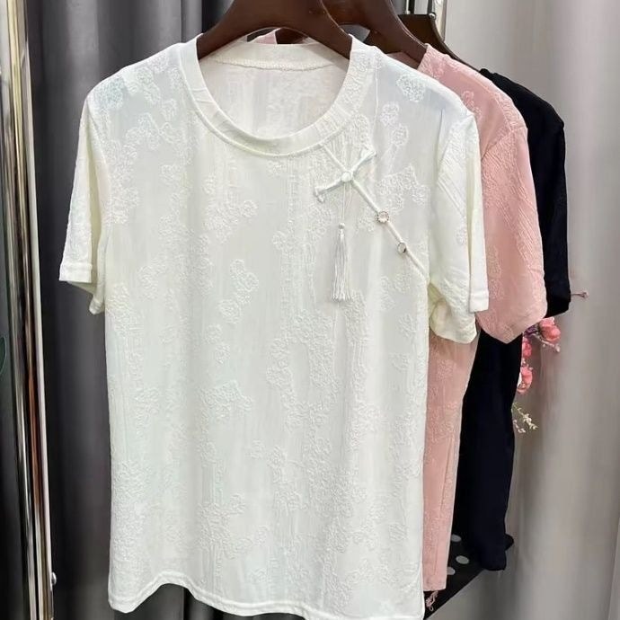 2025 สไตล์จีน Jacquard Flow เสื้อยืดแขนสั้นสีทึบใหม่สไตล์จีนรอบคอครอบคลุมเนื้อ Bottoming Top 9G3H