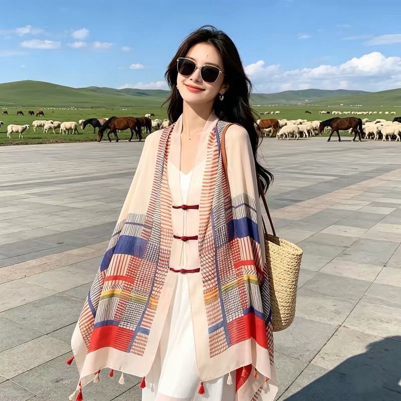 民族风茶卡盐湖丝巾棉头巾围巾女夏季沙漠旅游防晒披* 肩薄款外搭Ethnic Style Xizang Wears Cape Cape, Lhasa Scarf And Qinghai Grasslan
