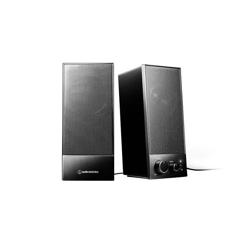 Compact Powered Stereo Speakers for PC and Desktop Audio, Space-Saving Design, Black or White