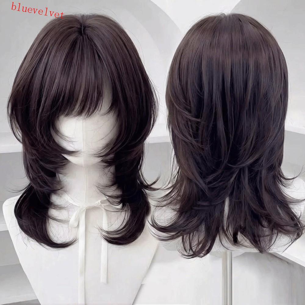 BLUEVELVET แมงกะพรุนวิกผม Bangs, สีน้ําตาลสีดําสังเคราะห์ขนาดกลางตรง Layered วิกผม, Full Head ธรรมชา