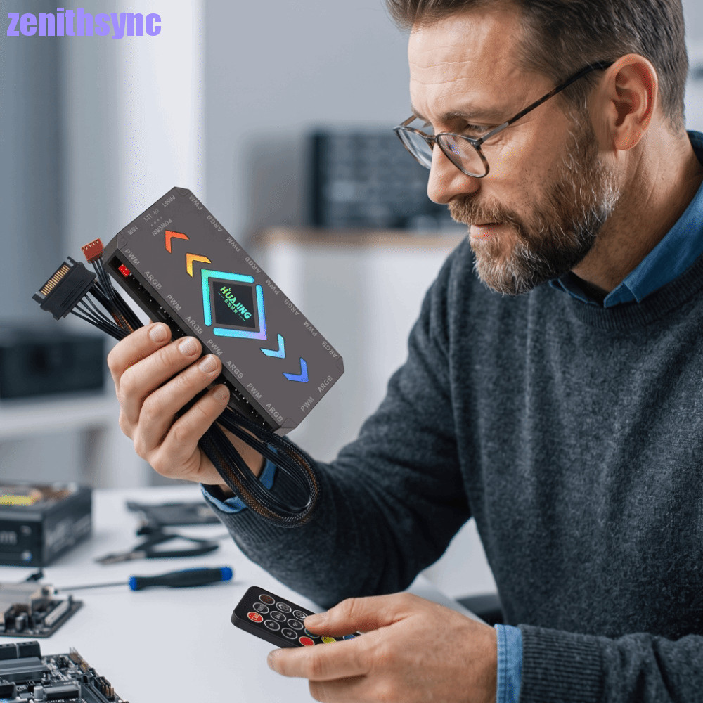 ZENITHSYNC ARGB Fan Hub, 9 พอร์ต 3PIN PWM Fan Controller, Synchronized Magnetic SATA Power 5V PC พัด