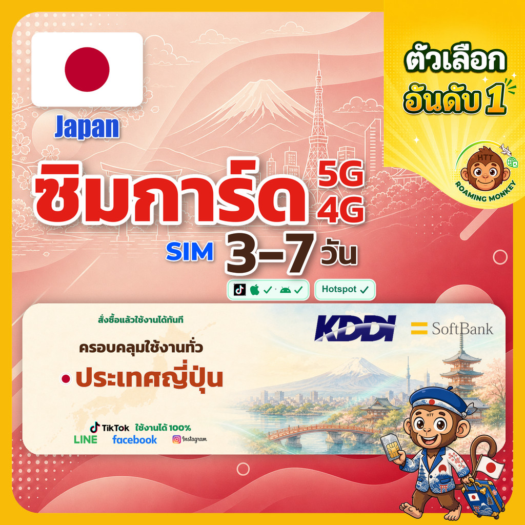 sim ญี่ปุ่น 3-7 วัน ไม่ต้องลงทะเบียน 5G/4G สำหรับท่องเที่ยว Sim Japan โดย RoamingMonkey