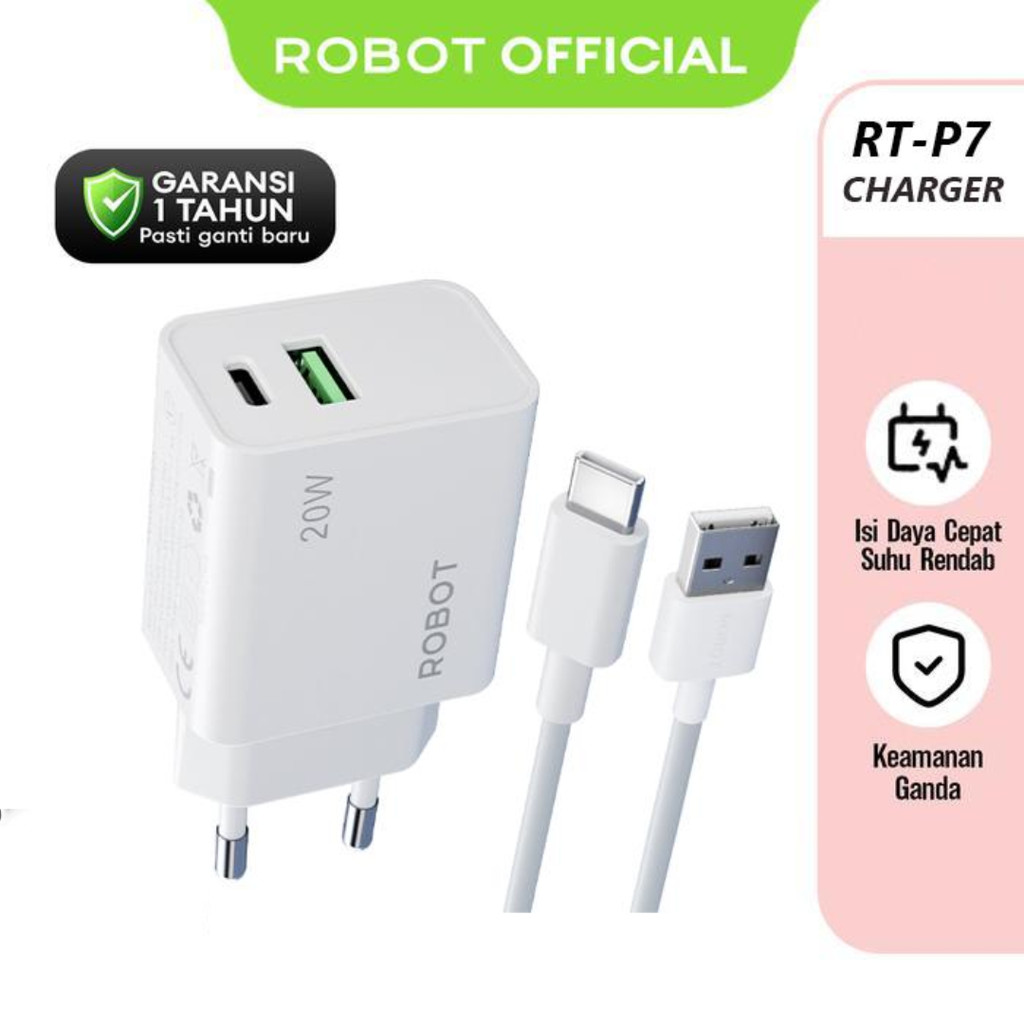 ROBOT RT-P7 Fast Charging Charger Dual Port USB C + USB A 20W Qc 3.0