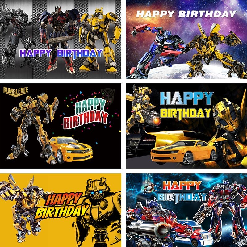 Transformers ฉากหลังสําหรับถ่ายภาพ Baby Shower เด็กสาวเด็กวันเกิด Mainstay Bumblebee Megatron สีดําส