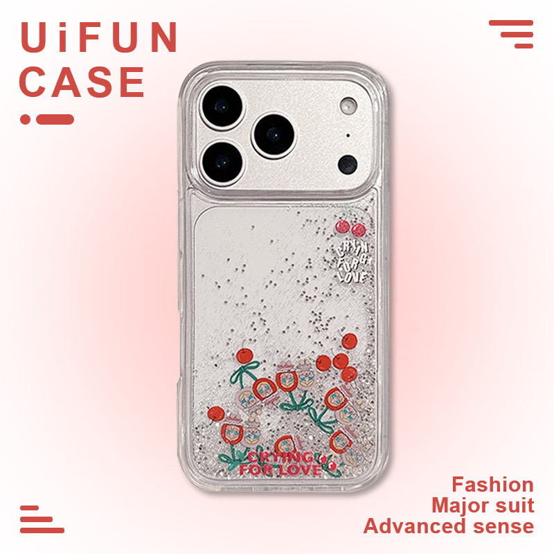 Glitter Cherry Cry Girls Slider Quicksand เคสโทรศัพท์มือถือสําหรับ iPhone 17 16 15 14 13 12 Pro Max 17Pro Clear ฝาหลังกันกระแทกกันกระแทกปลอกแข็ง