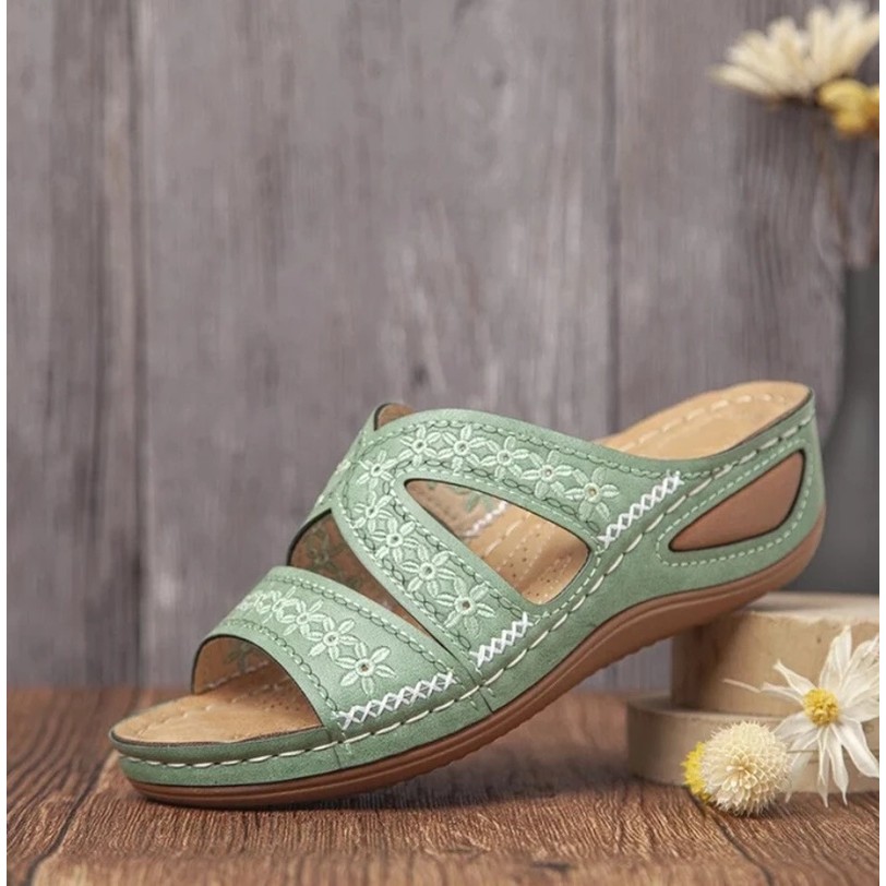 HB8 รองเท้าแตะดอกไม้กันลื่นผู้หญิง Retro U-Shaped Platform Sole รองเท้าแตะสุภาพสตรี Comfy Wedge Sand