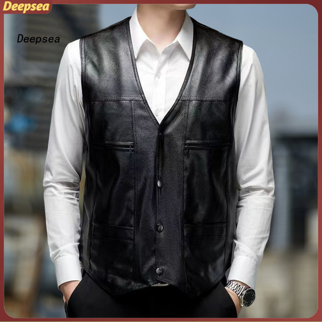 DPA ผู้ชายเสื้อกั๊กสีทึบเดี่ยวหลวม Coldproof Plus ขนาดหนัง Faux V คอ Plush ซับในเสื้อกั๊ก Streetwear