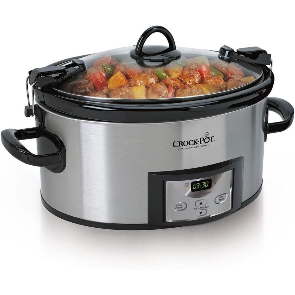 Crock-Pot 6 Quart Cook & Carry หม้อตุ๋นแบบตั้งโปรแกรมได้พร้อมตัวจับเวลาแบบดิจิตอล Stainless Steel (C