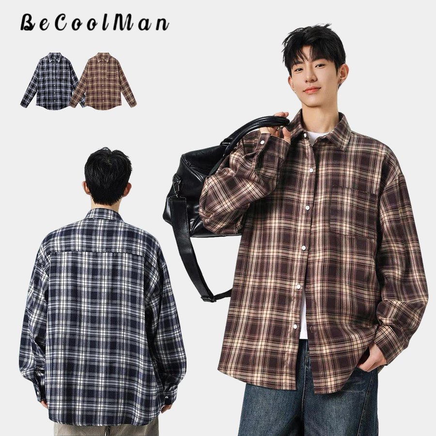 💥BecoolMan💥สไตล์เกาหลี ลายตารางย้อนยุค แขนยาว เสื้อเชิ้ตรุ่นเดียวกันสำหรับผู้ชายและผู้หญิง สีต่อ ลำลอง บ้าน