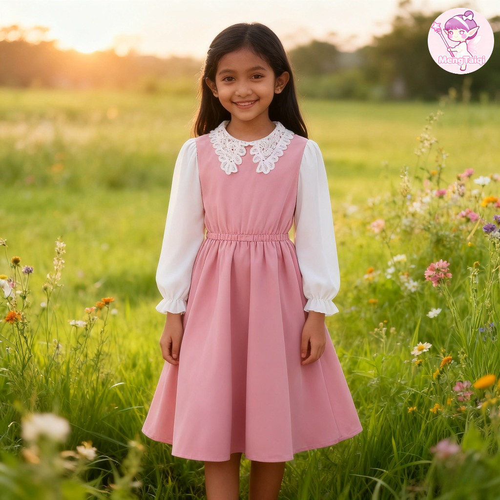 ชุดเด็กสาวยาวลูกไม้ สีชมพู สำหรับเด็กนักเรียนและงานเลี้ยงวันเกิด
