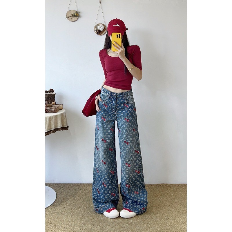 กางเกงยีนส์ขากว้างเอวสูงใหม่ ทำจากผ้าแจ็คการ์ด สำหรับผู้หญิง