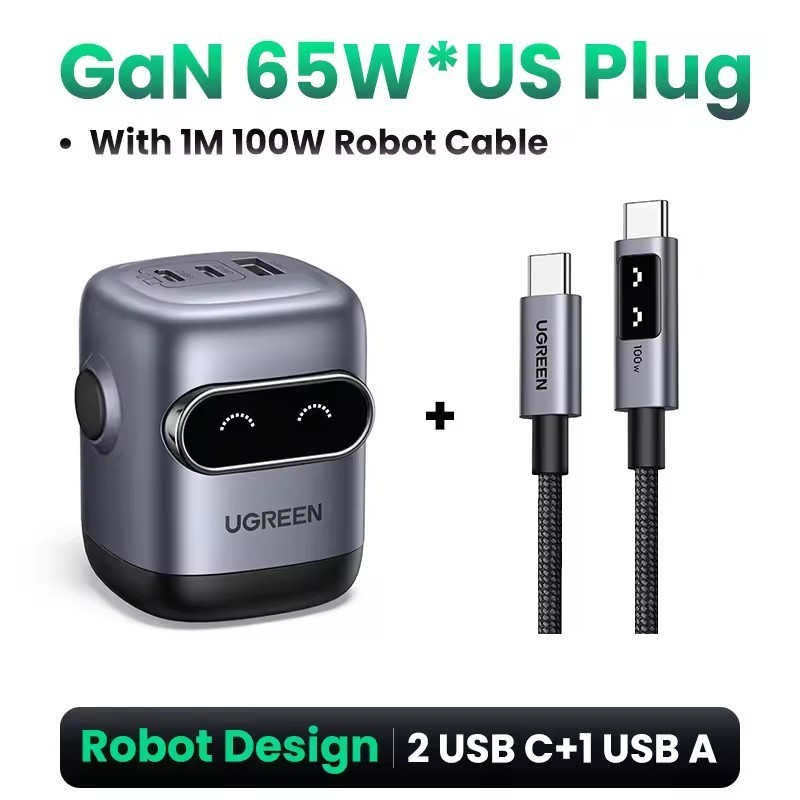 UGREEN 65W GaN Charger พร้อมสายหุ่นยนต์ออกแบบ PD3.0 QC4.0 PPS Fast Charger สําหรับ IPhone Xiaomi Huawei